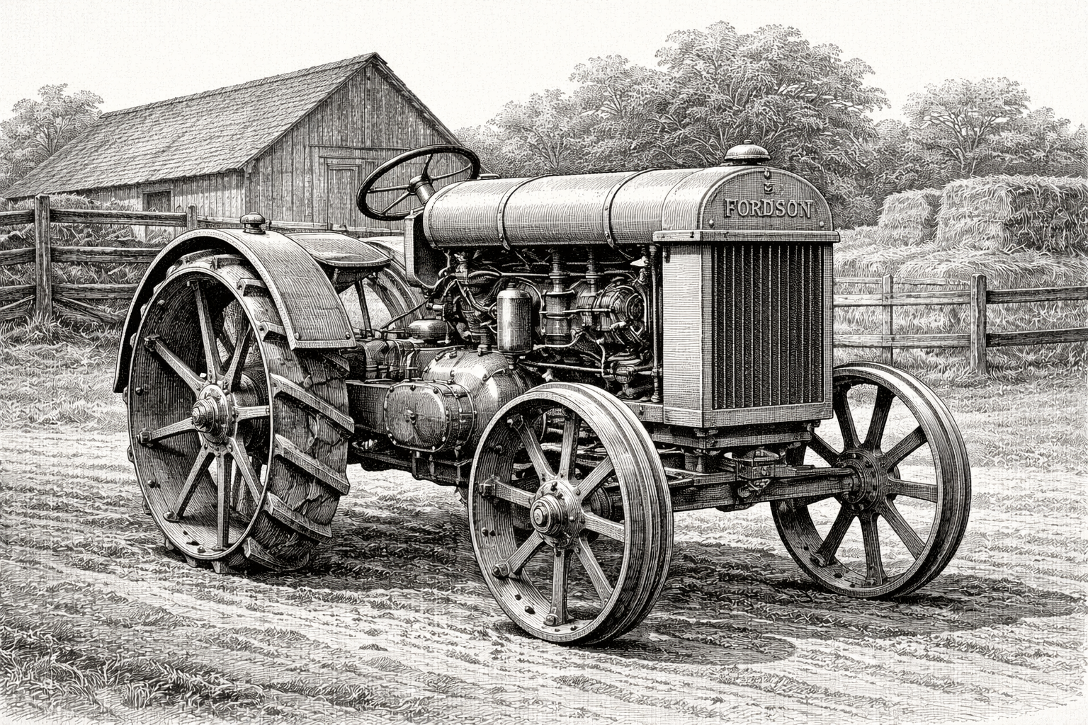 A vintage Fordson tractor parked on a dirt path, with a barn and hay bales in the background.