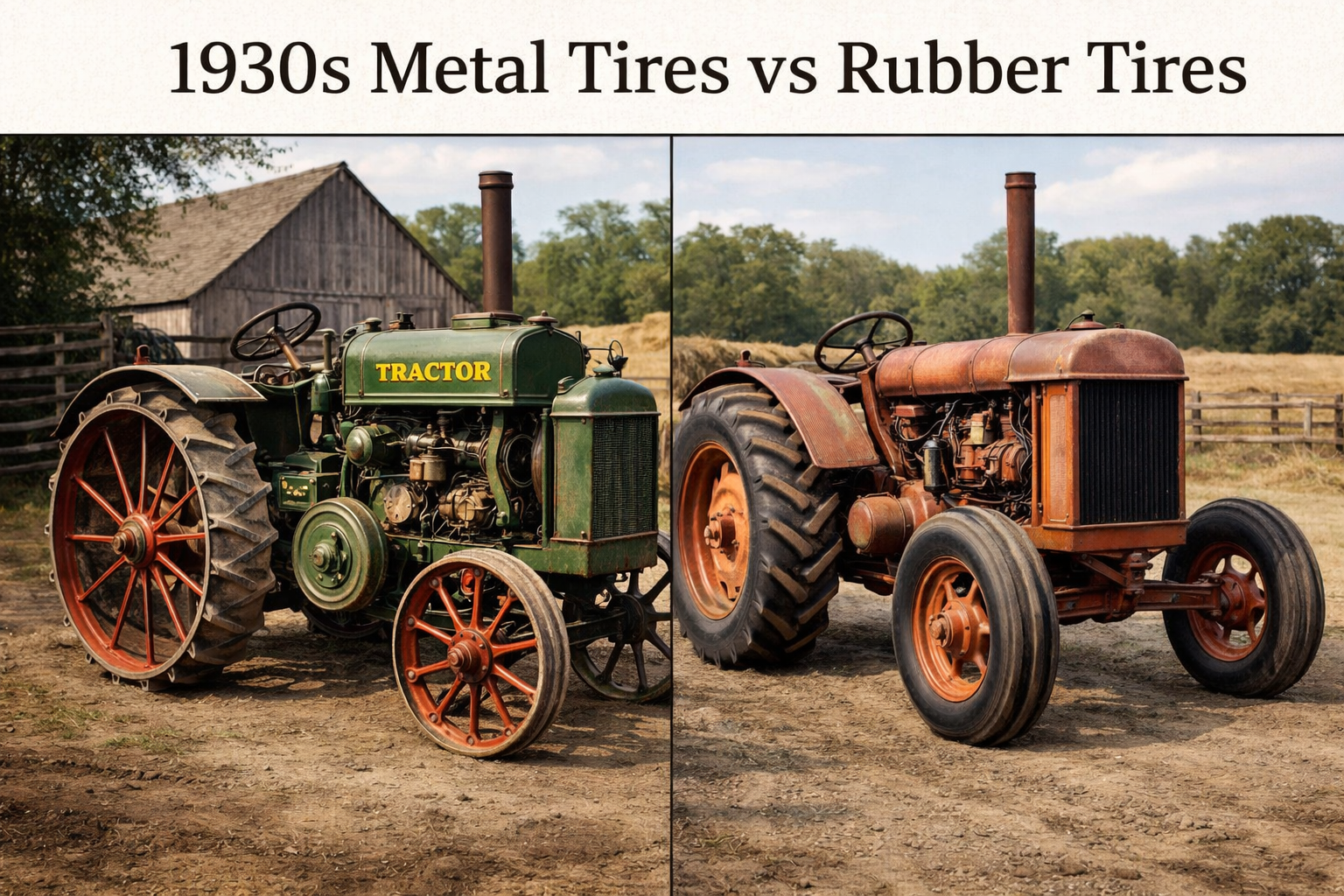 Side-by-side comparison of a 1930s tractor with metal tires and another with rubber tires, set in a rural landscape.