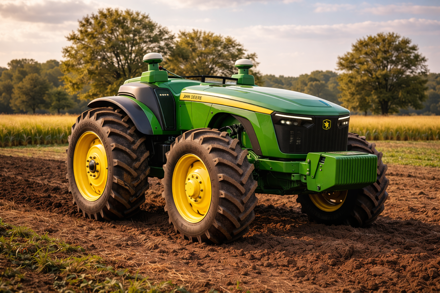 A green and yellow John Deere tractor on freshly plowed soil, with trees and field in the background under a cloudy sky.