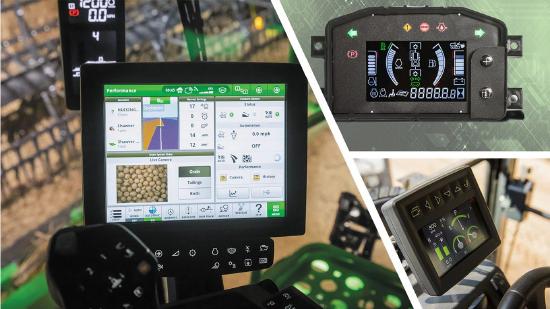 Collage of agricultural machinery displays, showing control interfaces and data screens for equipment operation.