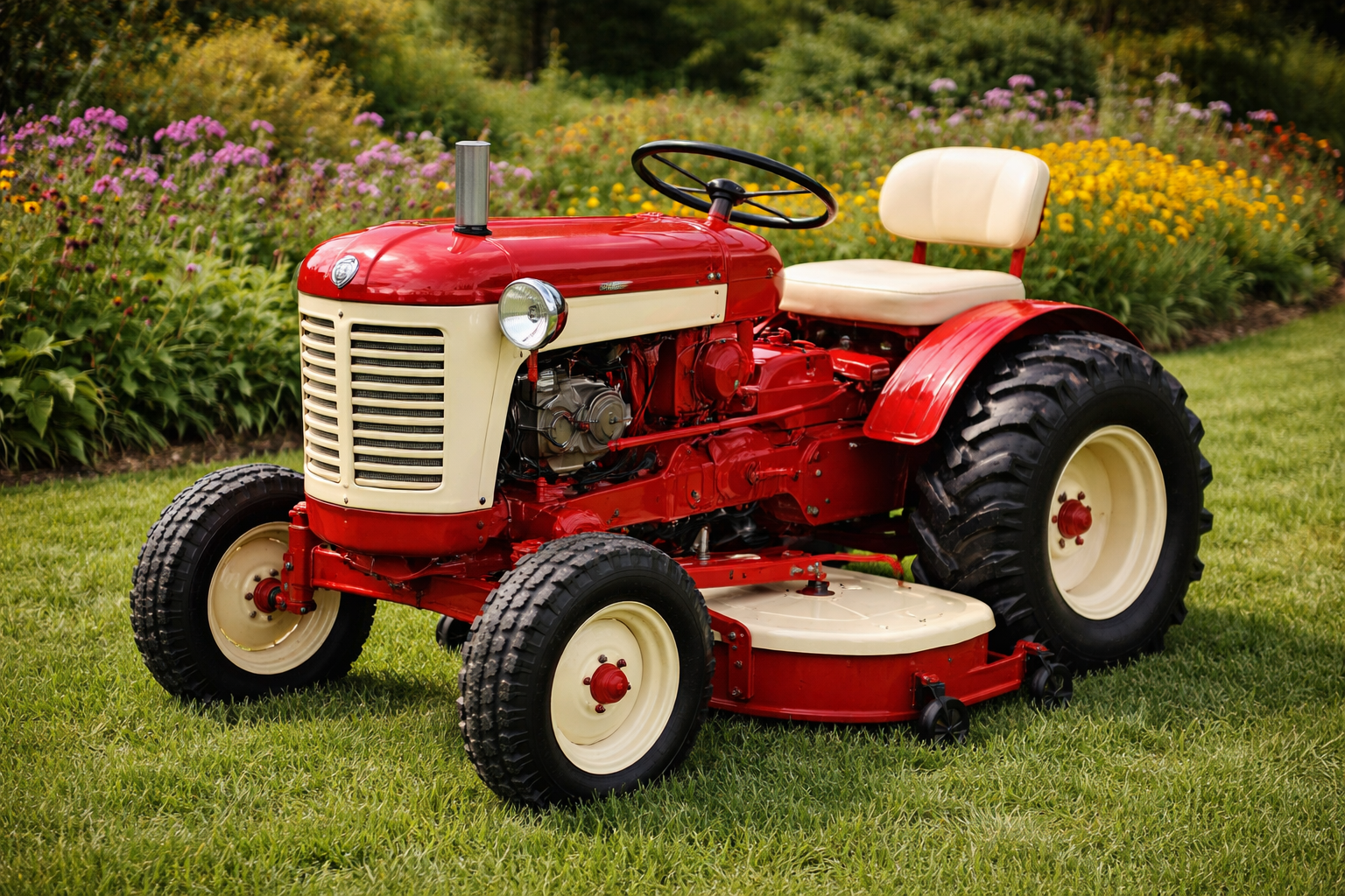 Red and cream vintage tractor with a mower attachment, parked on a grassy area surrounded by colorful flowers.