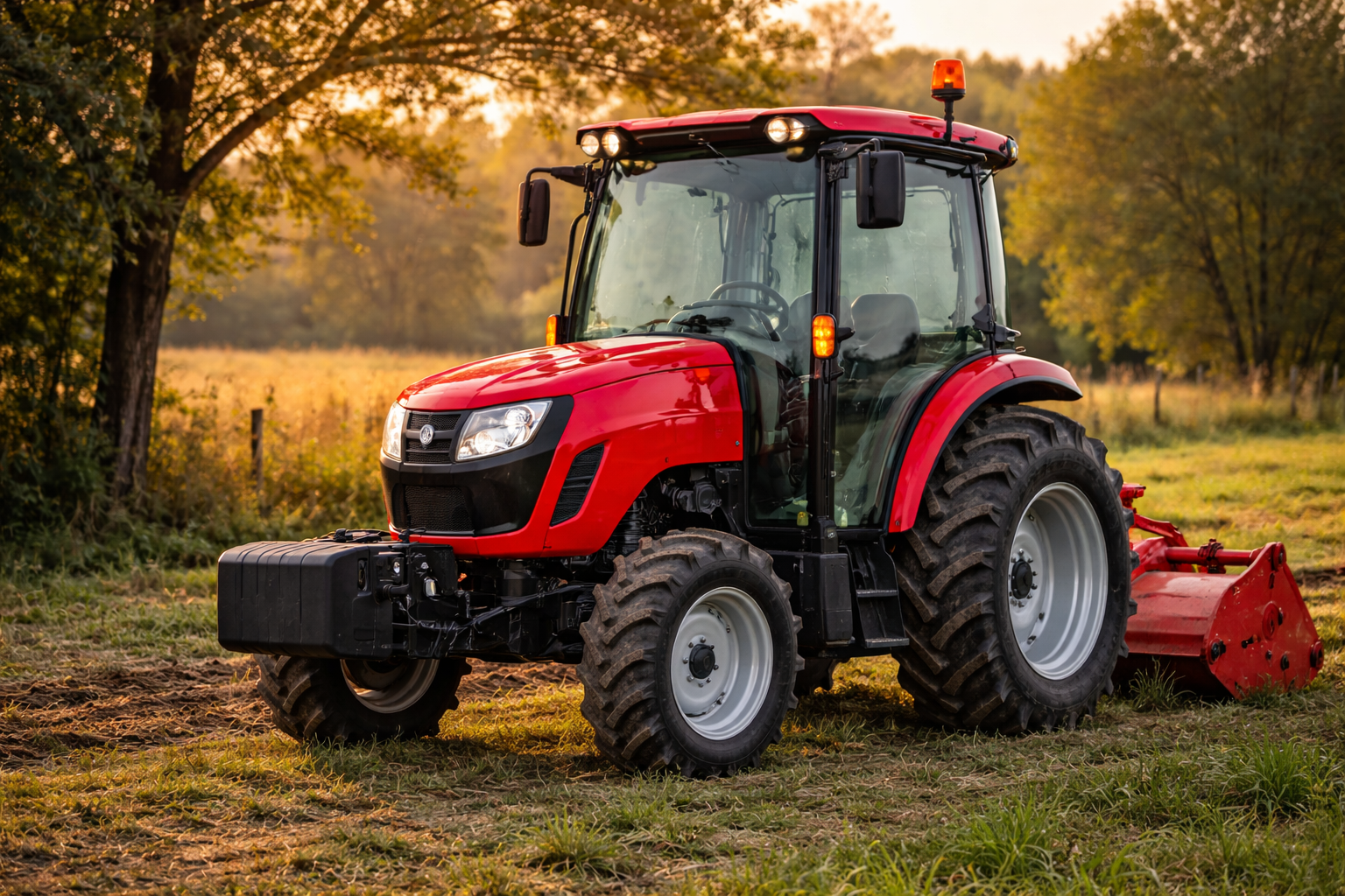 A red tractor with large tires and a tiller attachment sits on a grassy field at sunset, surrounded by trees.