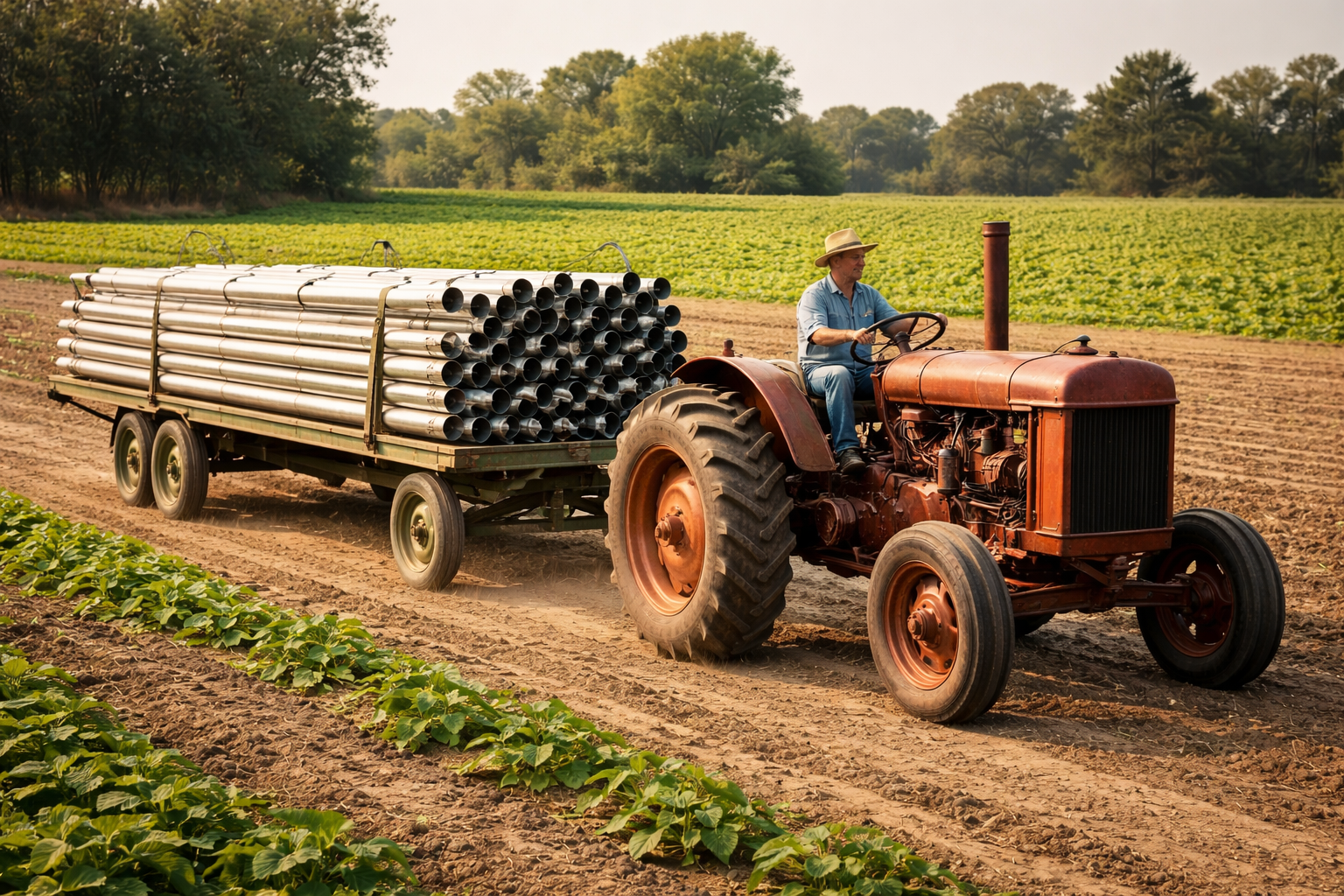 A farmer drives a vintage tractor pulling a trailer loaded with metal pipes through a field of green plants.