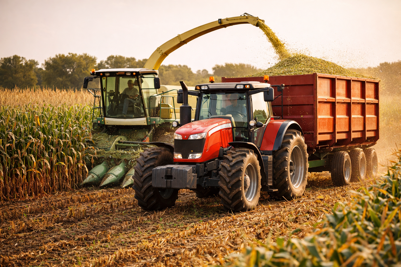 A red tractor tows a trailer while a green harvester collects corn in a field at sunset.