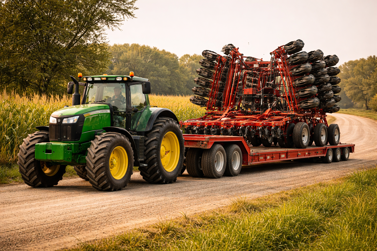 A green tractor hauling a large red agricultural implement on a trailer along a dirt road bordered by tall corn plants.