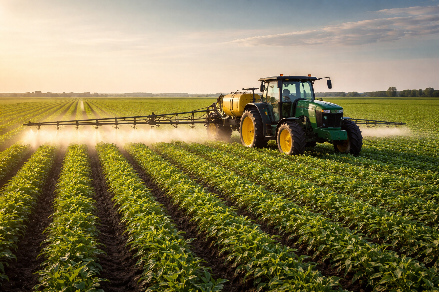 A tractor sprays crops in a wide, green field under a clear sky during sunset. Rows of plants stretch into the distance.