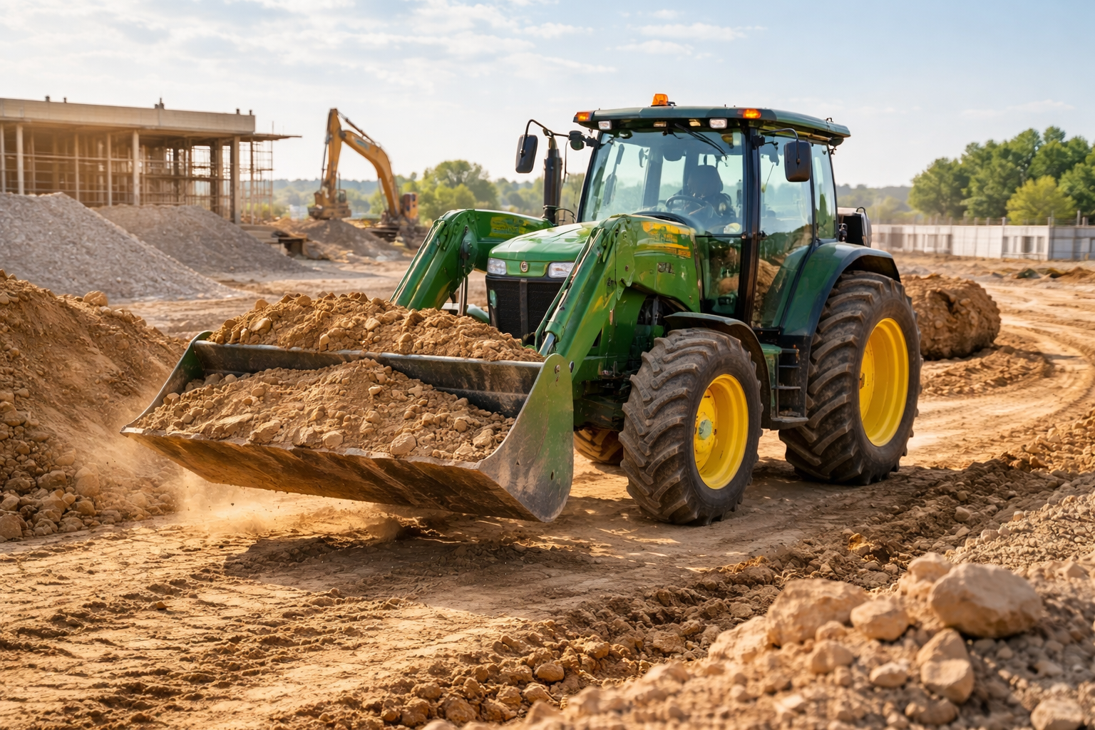 A green tractor with a front loader scoops dirt at a construction site, with machinery and gravel piles in the background.