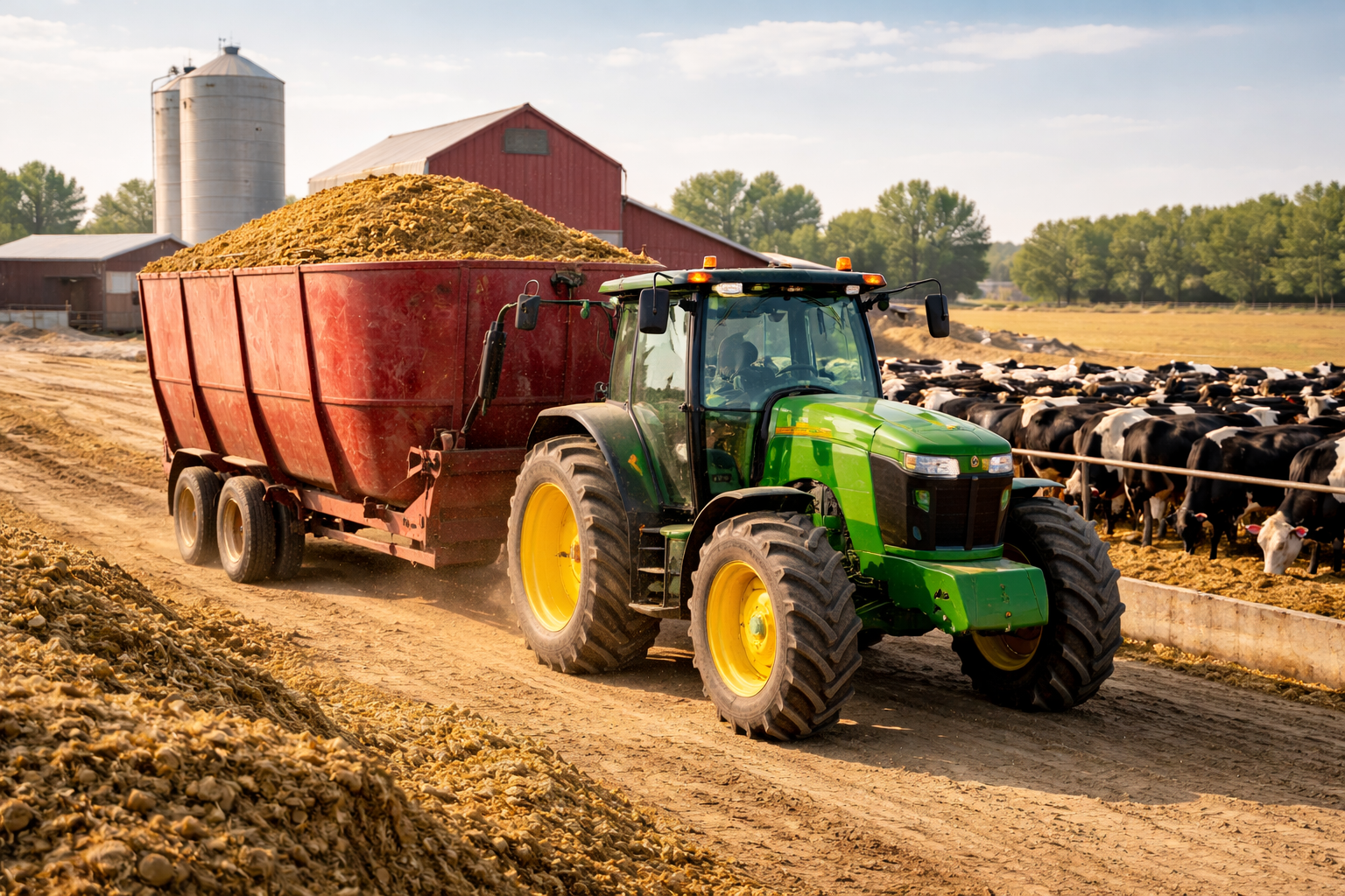 A green tractor pulls a large red trailer filled with material on a farm, with cows in the background and silos nearby.