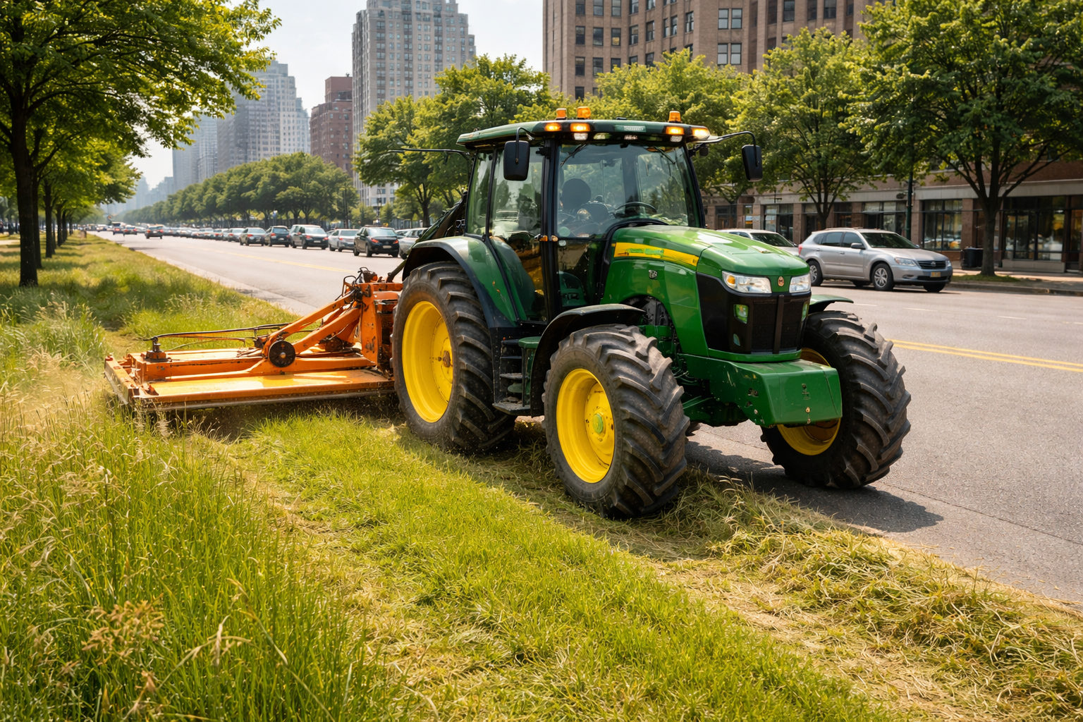 A green tractor with an orange mower attachment is cutting grass along a city road lined with trees and buildings.