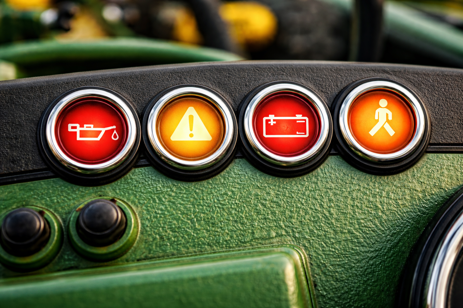 Control panel with four warning lights: oil level, general alert, battery status, and a pedestrian symbol.