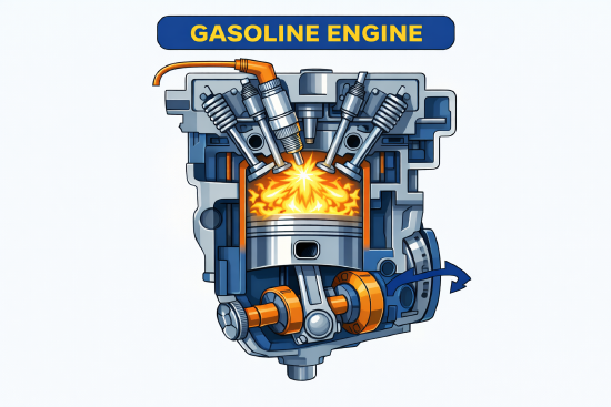 Diagram of a gasoline engine showing internal components and ignition process, with the label "GASOLINE ENGINE" at the top.