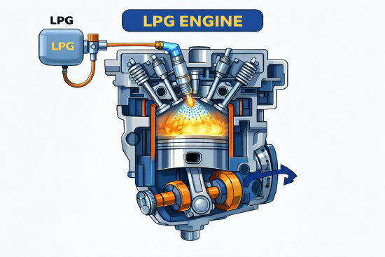 Diagram of an LPG engine, showcasing internal components and the LPG fuel supply system.