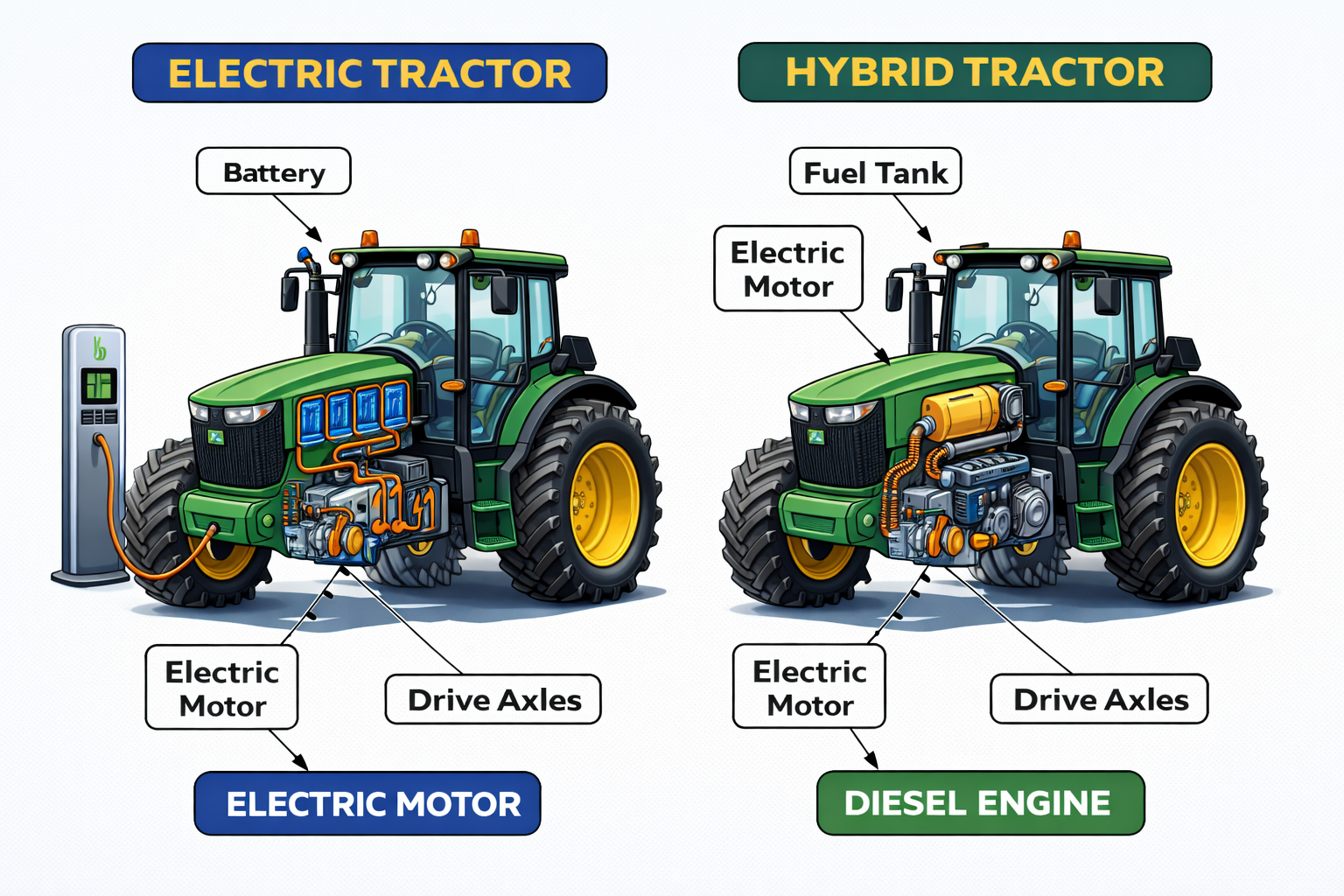 Illustration comparing an electric tractor, featuring a battery and electric motor, to a hybrid tractor with a fuel tank and diesel engine.
