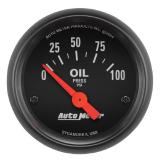 A black oil pressure gauge with a red needle pointing at 0, labeled with "OIL PRESS" and numbered from 0 to 100.