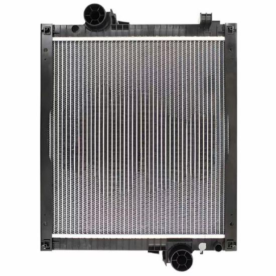 A metal automotive radiator with a finned design, featuring two connectors on the top and bottom.