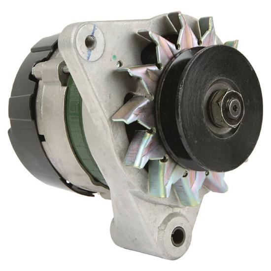 A close-up of an automotive alternator, featuring a metal housing and a fan-like cooling component.