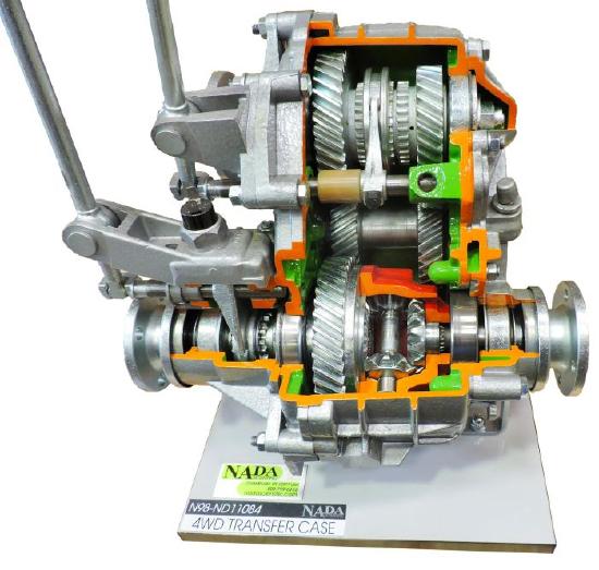 Cutaway model of a car engine showing internal gears and components, labeled with colorful annotations.
