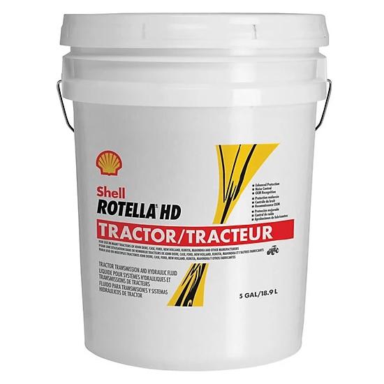 White bucket of Shell Rotella HD tractor oil, labeled in red and yellow with a handle, capacity of one gallon.