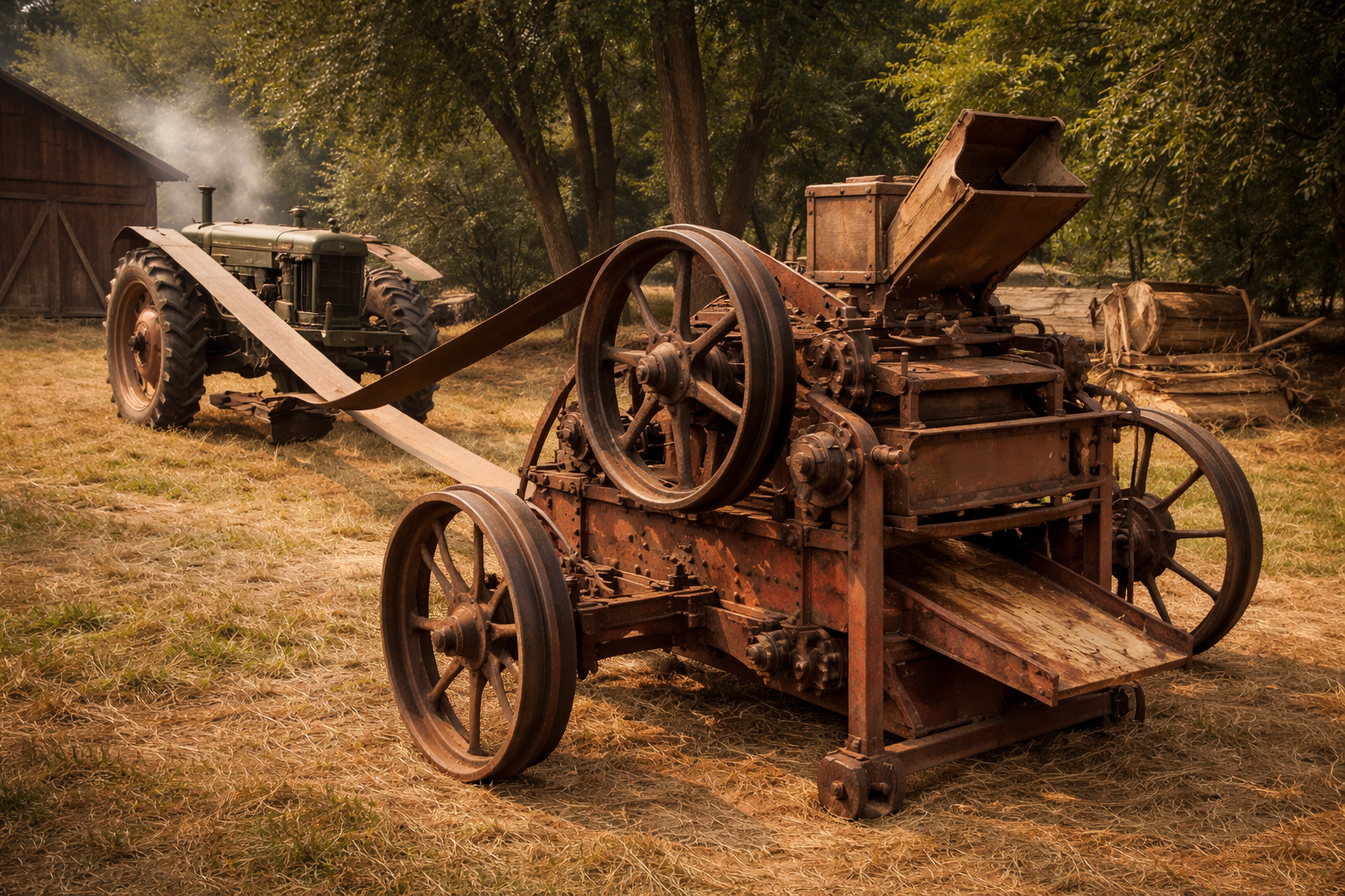 An old tractor is connected to a rusted agricultural machine, set in a grassy field near a wooden barn. Smoke rises from the tractor.
