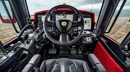 Interior view of a modern tractor, showing the steering wheel, control panels, and digital displays against a backdrop of farm land.