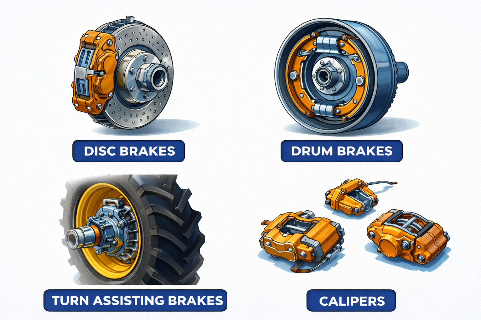 Illustration of various brake systems: disc brakes, drum brakes, turn assisting brakes, and calipers with labels.
