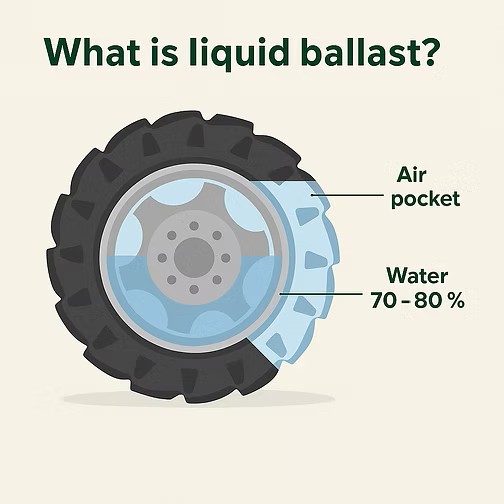 Diagram explaining liquid ballast in a tire, showing an air pocket and water section (70-80%). Text reads, "What is liquid ballast?"