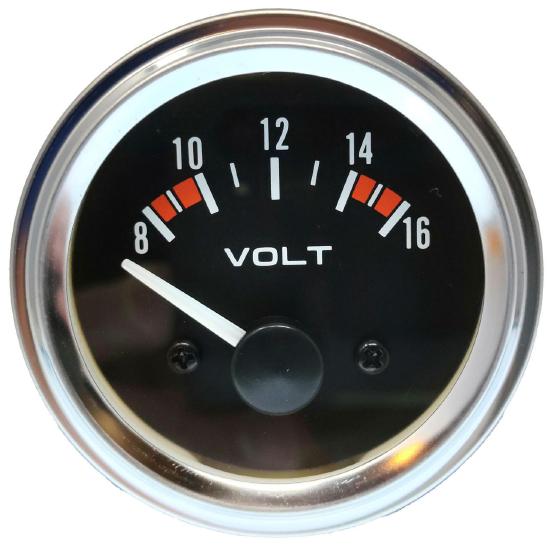 A voltmeter gauge showing a needle positioned between 10 and 12 volts, with a black face and chrome bezel.
