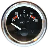 A voltmeter gauge showing a needle positioned between 10 and 12 volts, with a black face and chrome bezel.