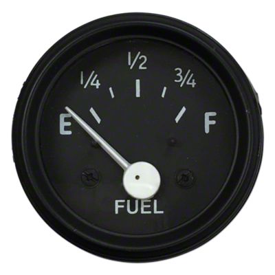 Fuel gauge indicating a level just below empty (E) with markings for quarter, half, and three-quarters full.