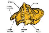 Diagram of a mechanical device, labeled with parts including spring, piston, copper cup, and wax pellet.