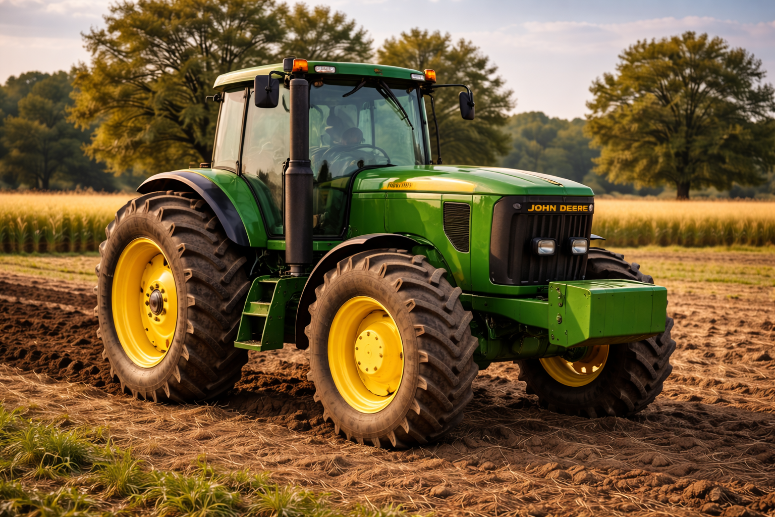 A green John Deere tractor is parked on freshly plowed farmland, surrounded by trees and crops under a clear sky.