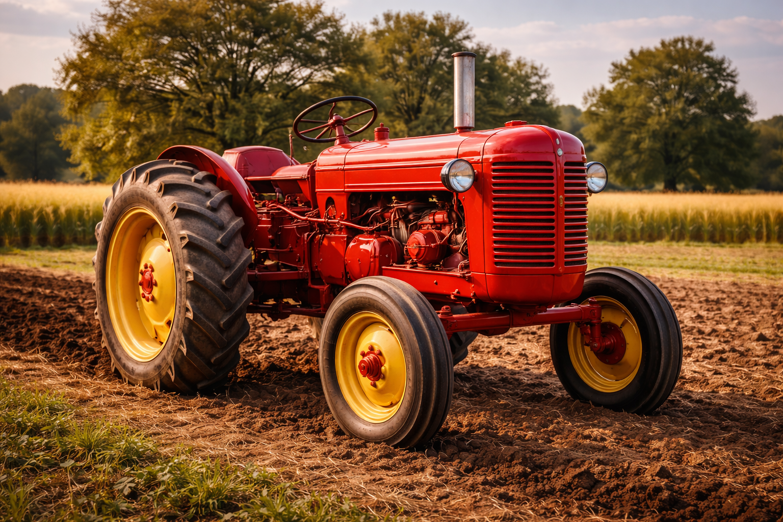 A bright red vintage tractor with yellow wheels on a plowed field, surrounded by green trees and a clear sky.