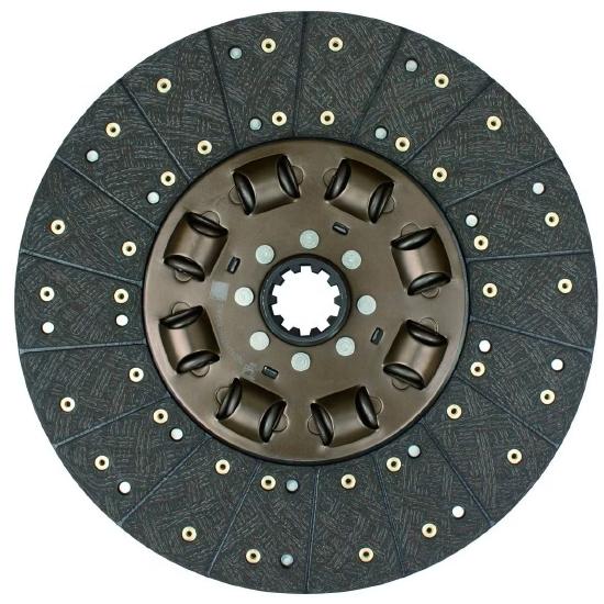 A round automotive clutch disc featuring friction material, spring-loaded bobbins, and a central hub for connection.