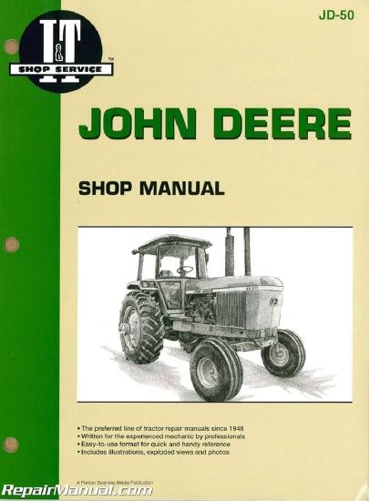 Cover of a John Deere shop manual featuring a sketch of a tractor on a light background.