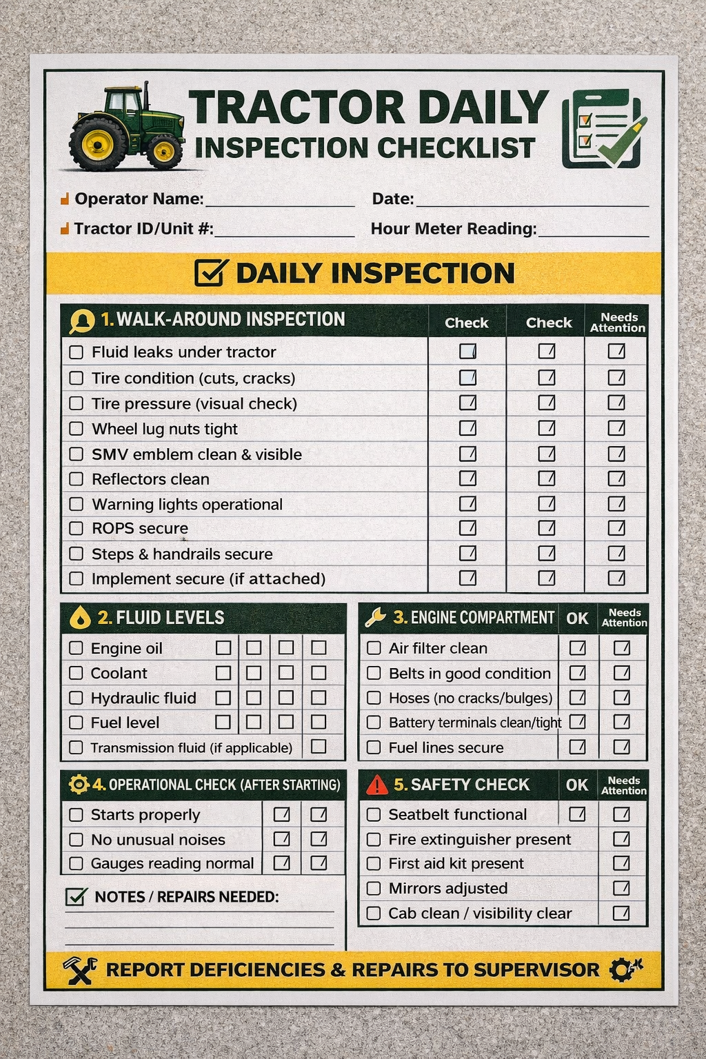 Daily inspection checklist for a tractor, including sections for walk-around inspection, fluid levels, engine compartment, operational check, and safety check.