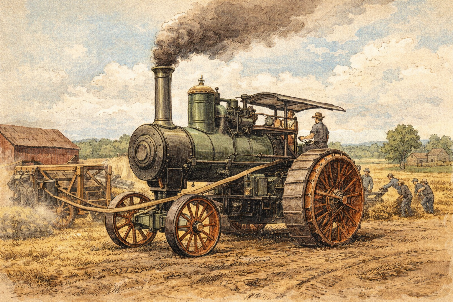 A vintage steam tractor works in a field, with farmers harvesting nearby and a barn in the background under a cloudy sky.