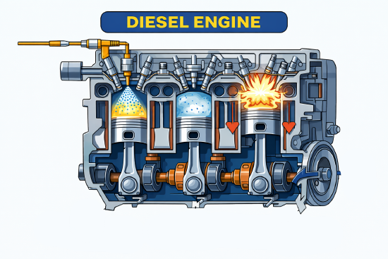Illustration of a diesel engine showing three pistons, fuel injection, and combustion process.