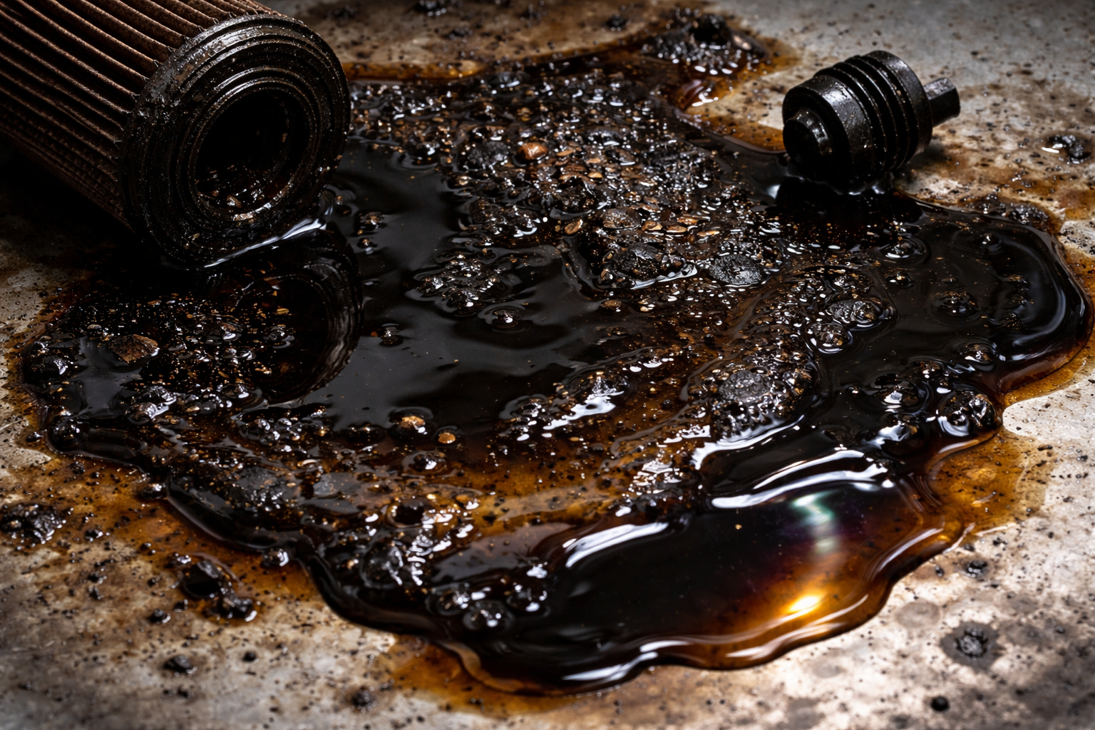 A dirty oil filter lies beside a puddle of dark, oily liquid mixed with debris on a metallic surface.