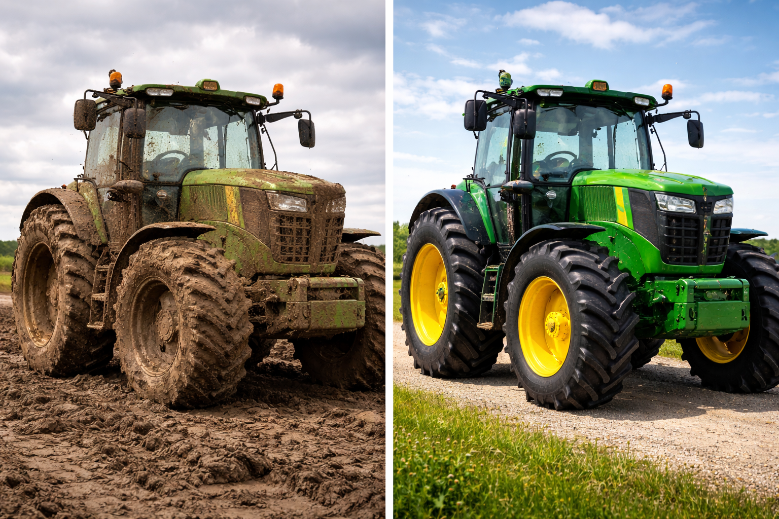 Side-by-side images of a muddy tractor on the left and a clean tractor on the right, showcasing their contrasting conditions.