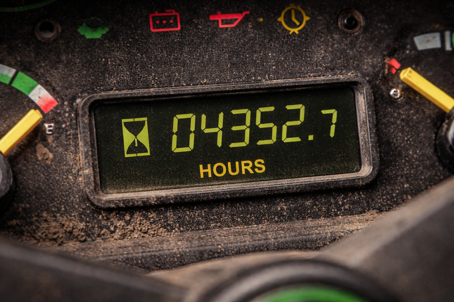 Digital hour meter displaying "04352.7 HOURS" on a dirty control panel with various gauges and indicators.