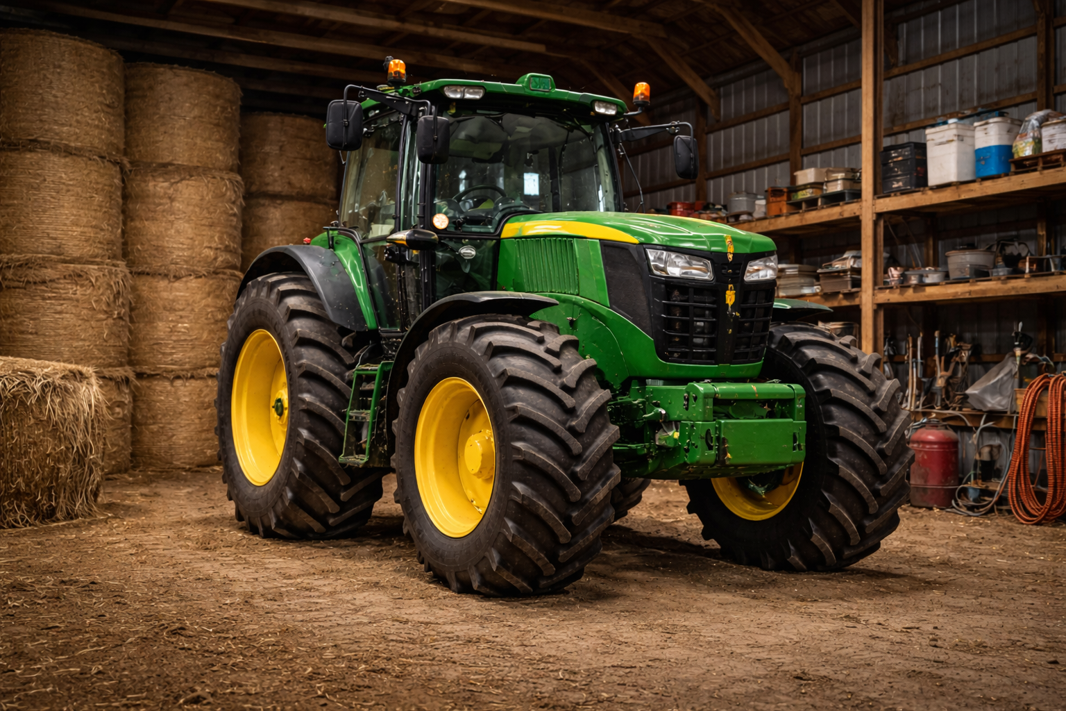 A green tractor with large yellow wheels is parked in a barn, surrounded by bales of hay and various tools on shelves.