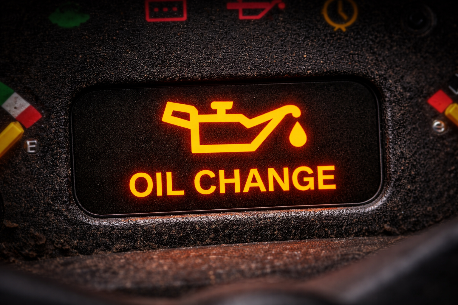 Illuminated dashboard warning indicating an oil change is needed, featuring an oil can icon and the text "OIL CHANGE."