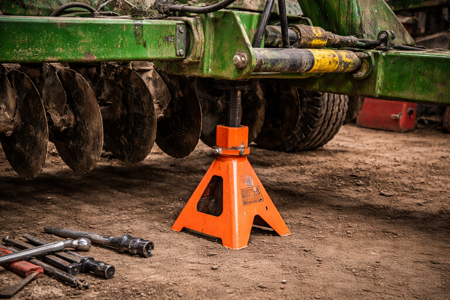 A close-up of an orange jack stand supporting a green farming machinery part near muddy soil and various tools scattered nearby.