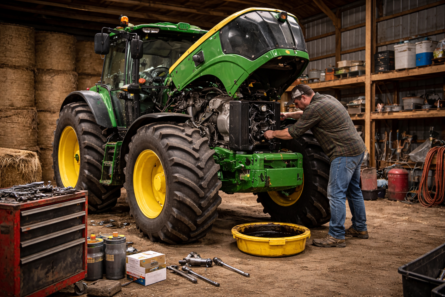 A man works on the engine of a green tractor in a barn, surrounded by tools and hay bales.