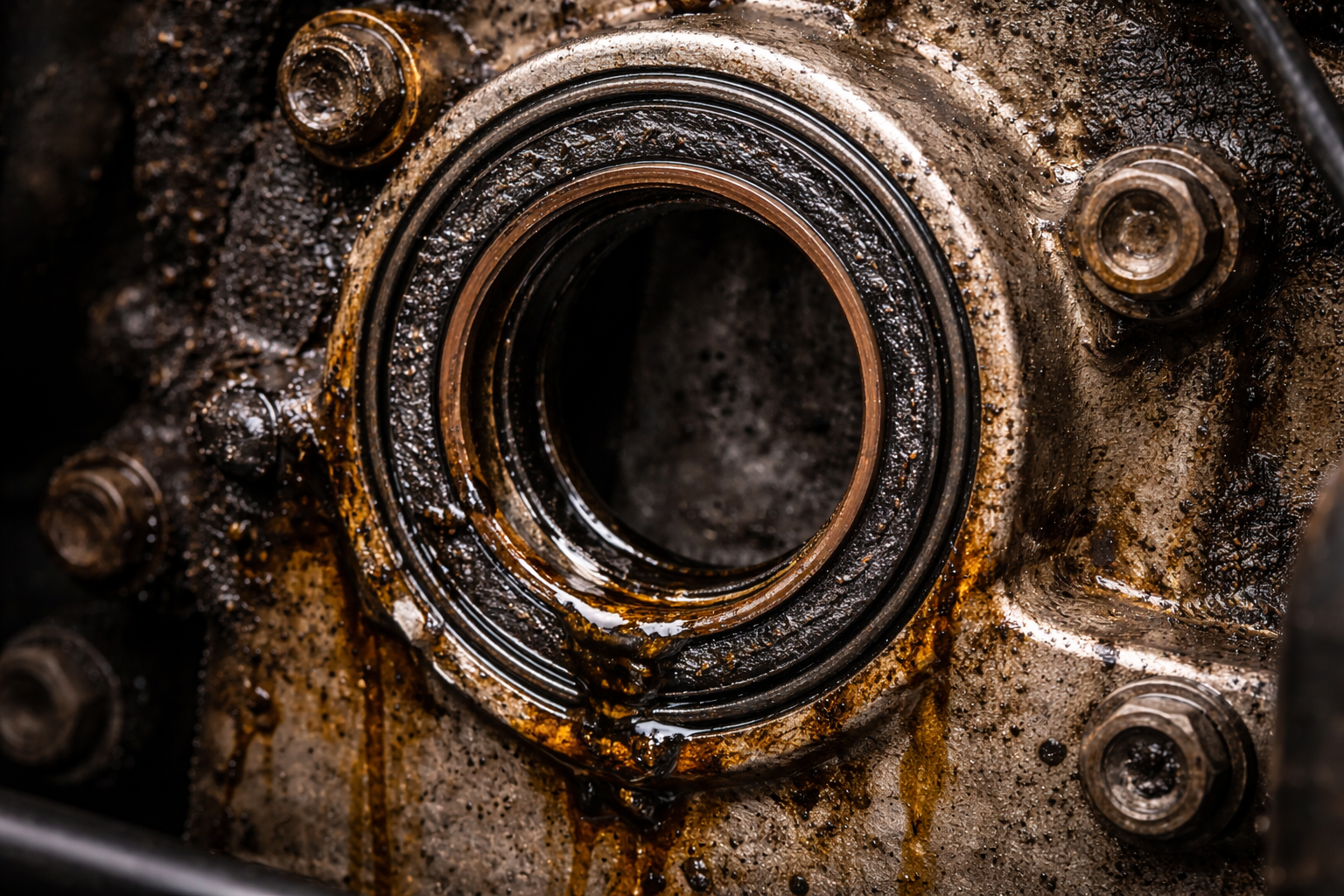 Close-up of a metal engine component with an oil seal, showing dirt and oil residue around it.