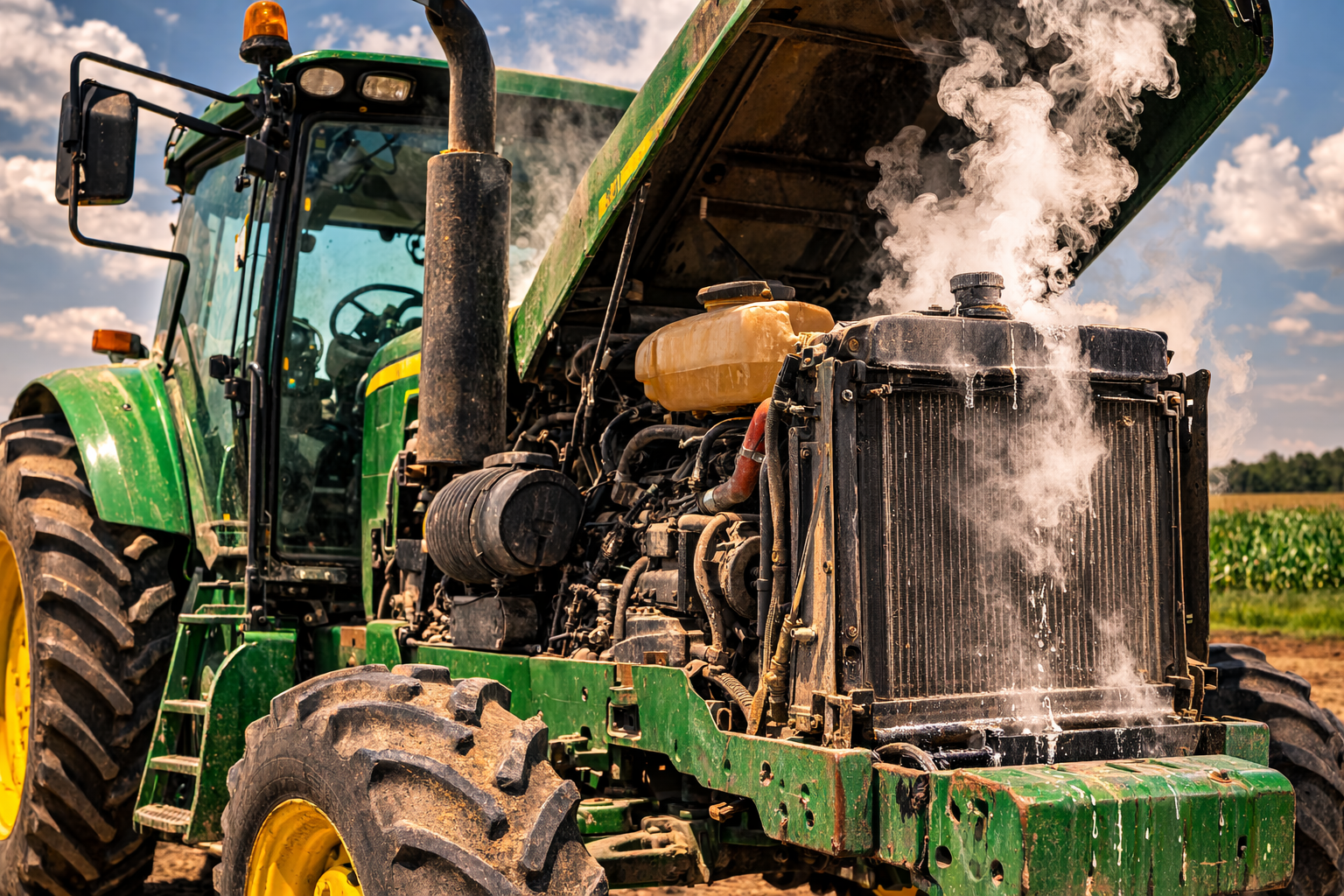 A green tractor with its hood open, emitting steam and water, set against a blue sky and green fields.