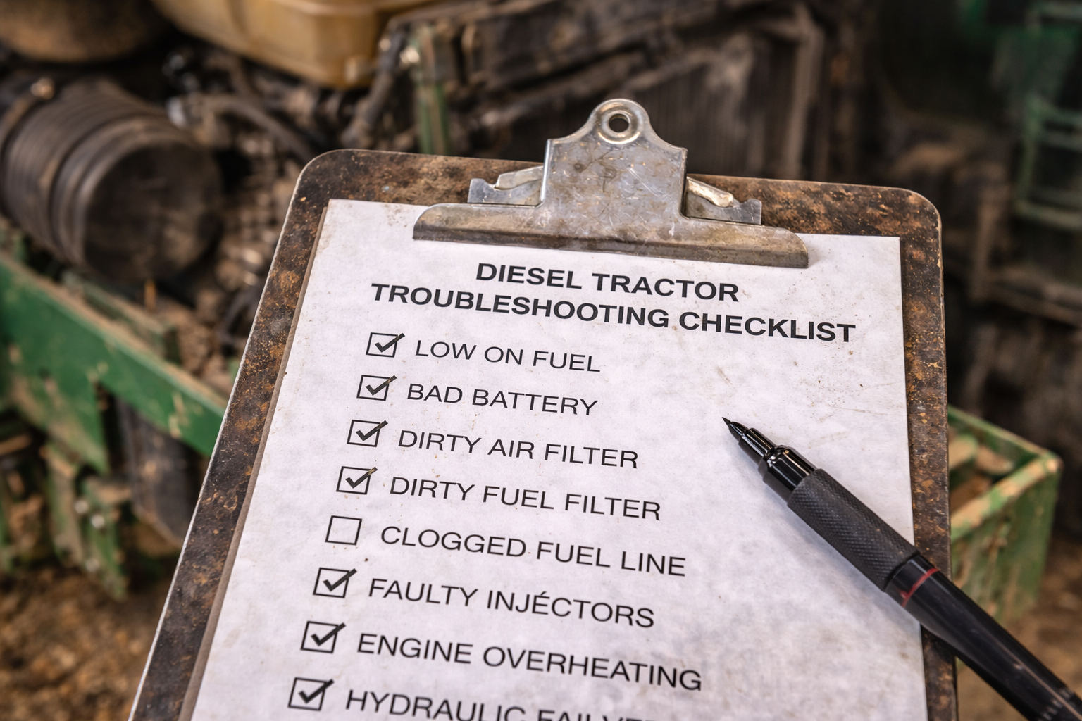 A clipboard displaying a diesel tractor troubleshooting checklist with items checked off, placed near a tractor engine.