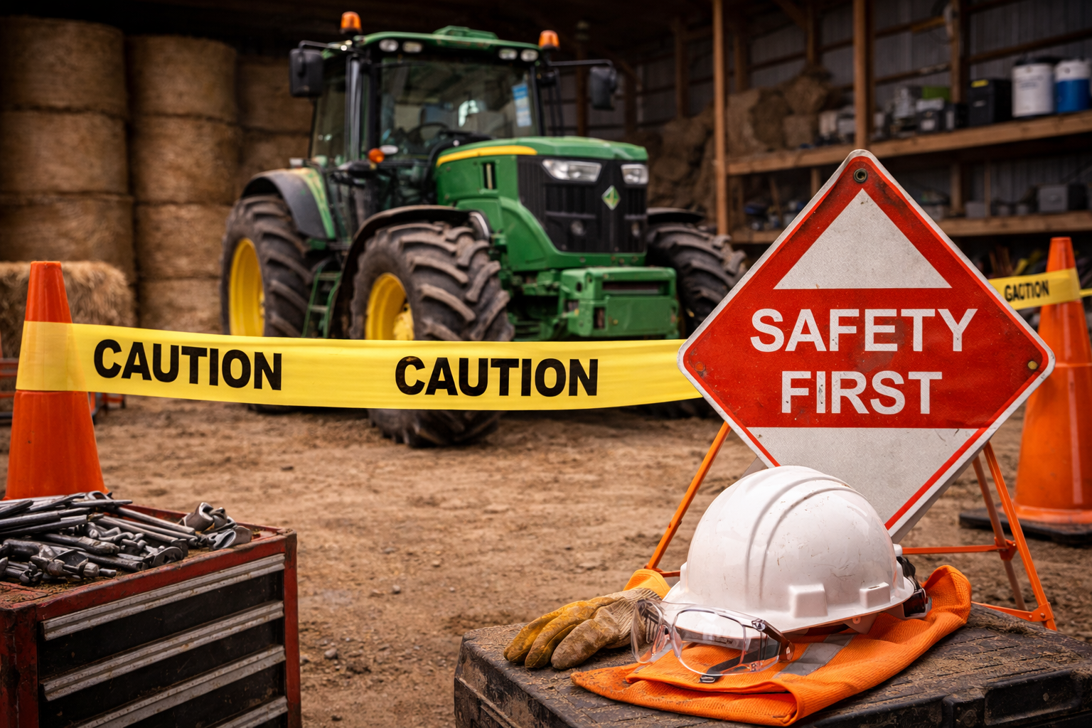 Tractor in a barn with safety signs, tools, a hard hat, and gloves arranged in front of caution tape.