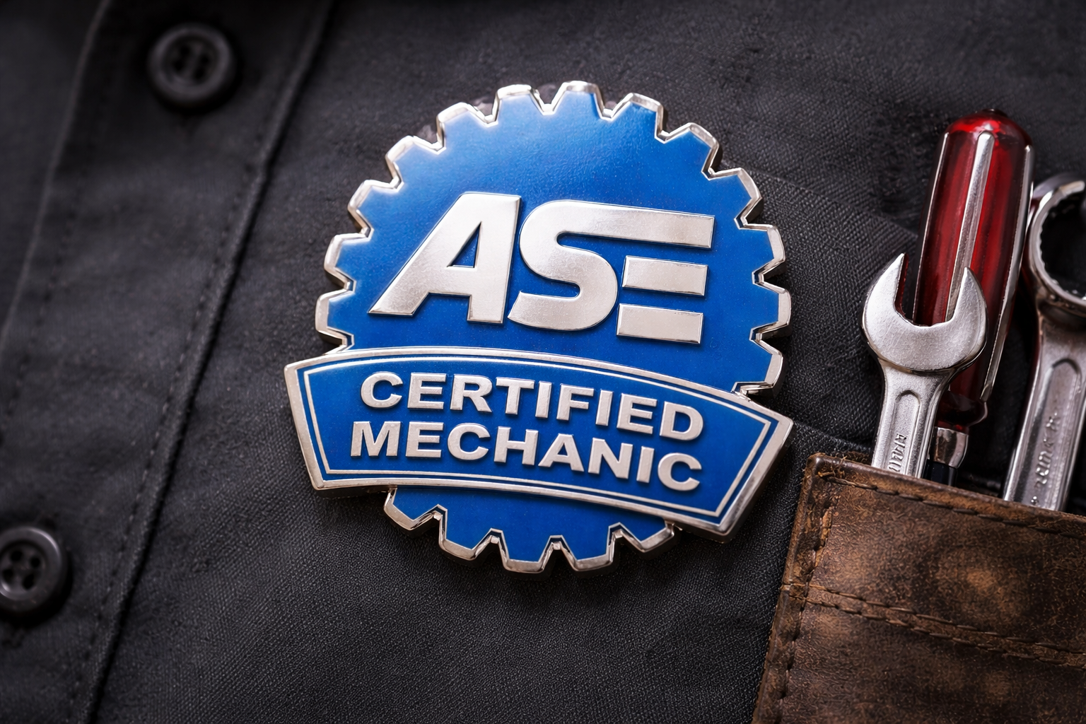 Close-up of a badge reading "ASE Certified Mechanic" on a dark shirt pocket, alongside tools like wrenches and a screwdriver.