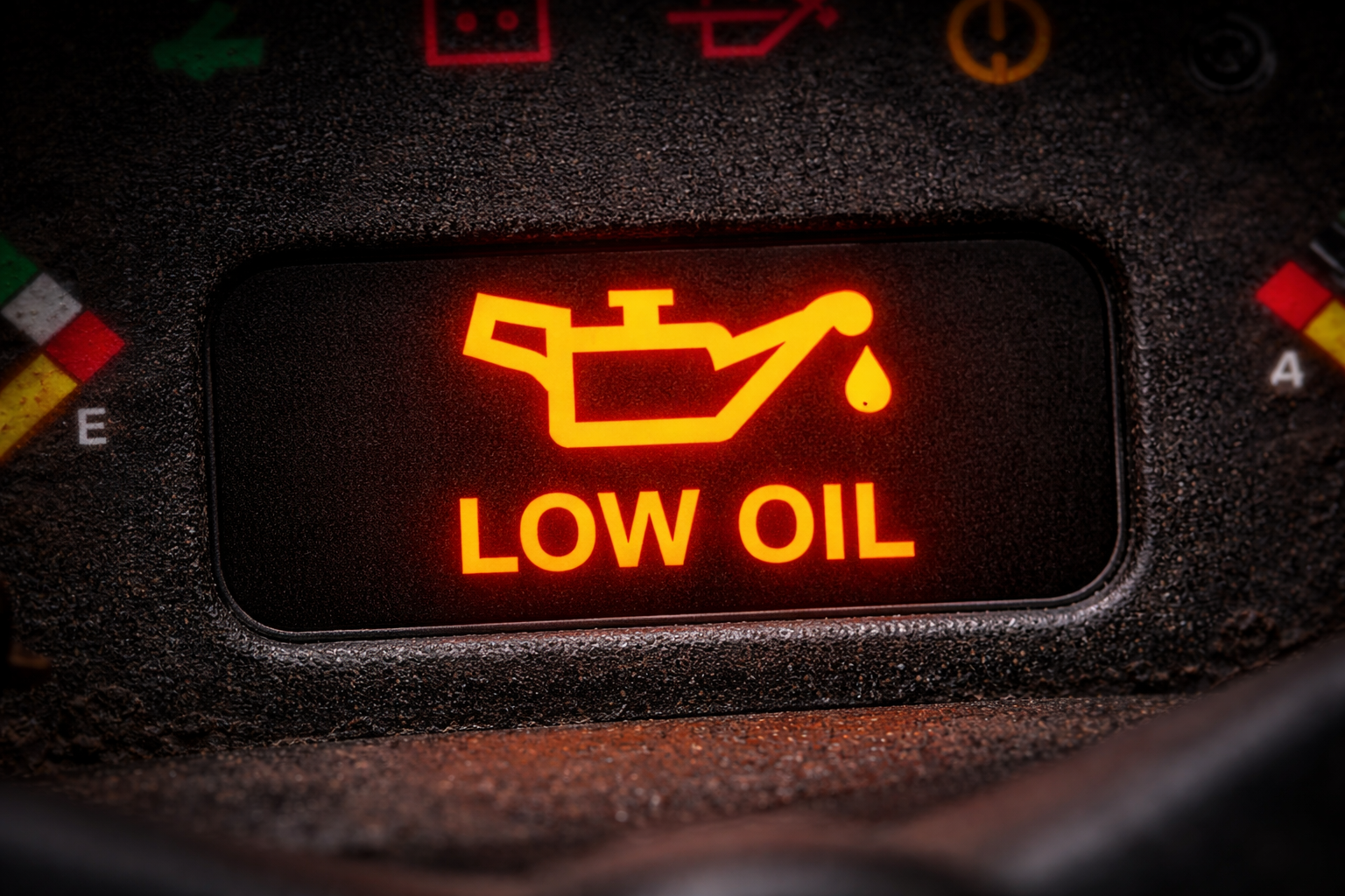 Dashboard warning light indicating "LOW OIL" with an oil can icon and a droplet, glowing in bright orange.